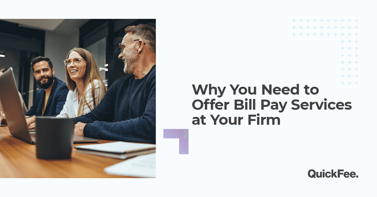 People laughing at a conference table with text "Why You Need to Offer Bill Pay Services at Your Firm"